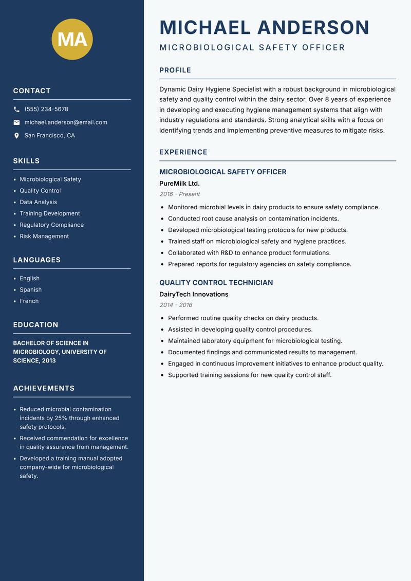 Dairy Hygiene Specialist Resume Preview Example