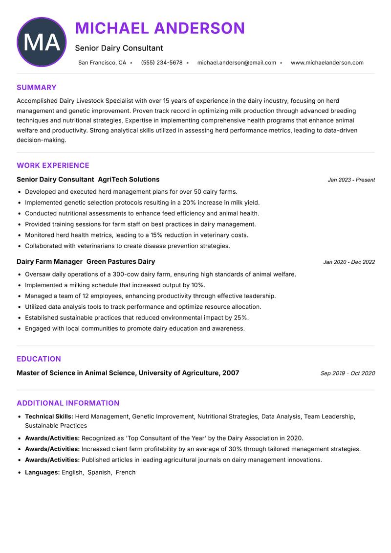 Dairy Livestock Specialist Resume Preview Example