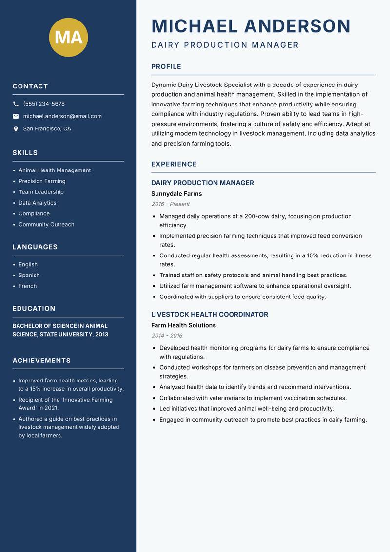 Dairy Livestock Specialist Resume Preview Example