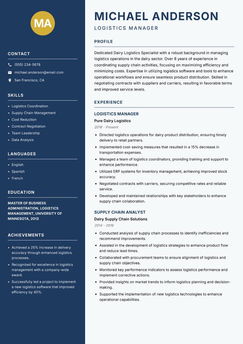 Dairy Logistics Specialist Resume Preview Example