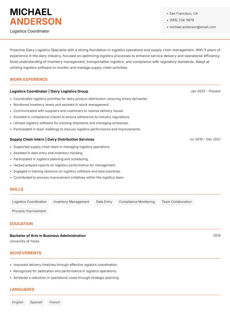 Dairy Logistics Specialist Resume Template