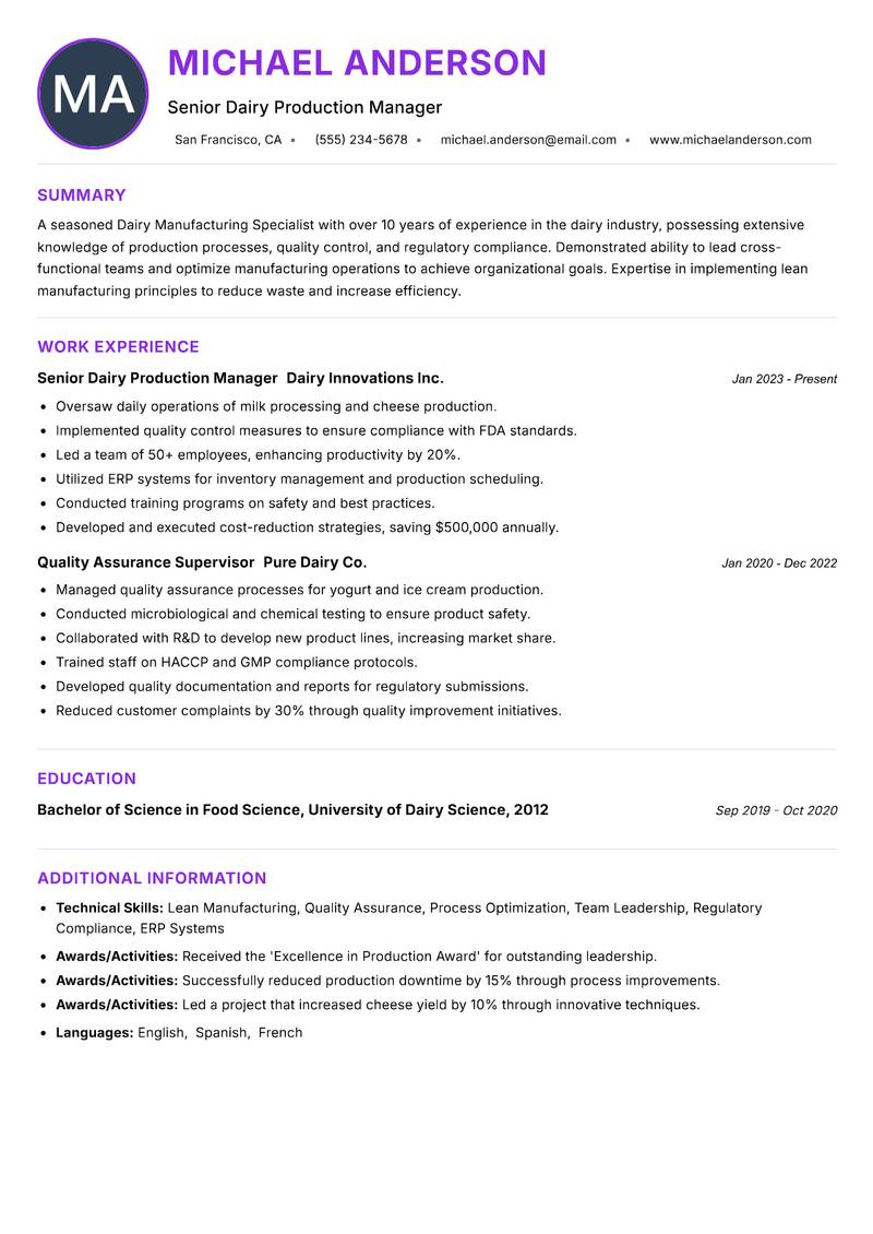 Dairy Manufacturing Specialist Resume Preview Example