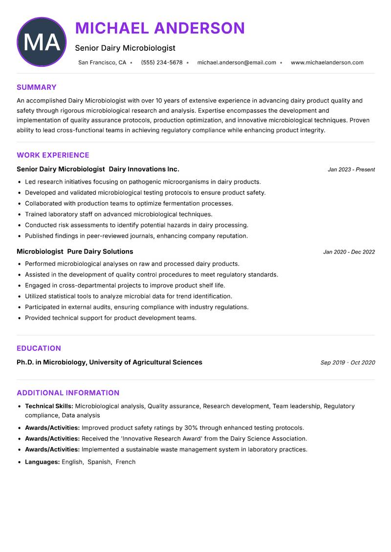 Dairy Microbiologist Resume Preview Example