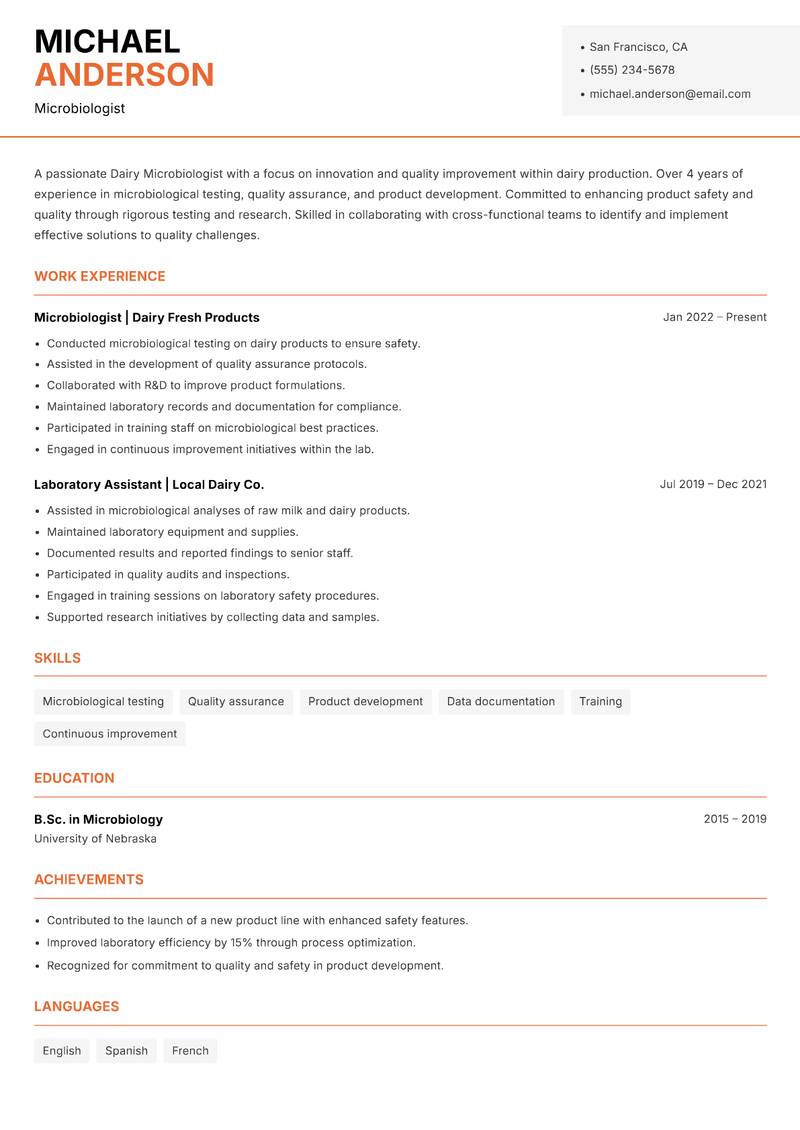 Dairy Microbiologist Resume Template
