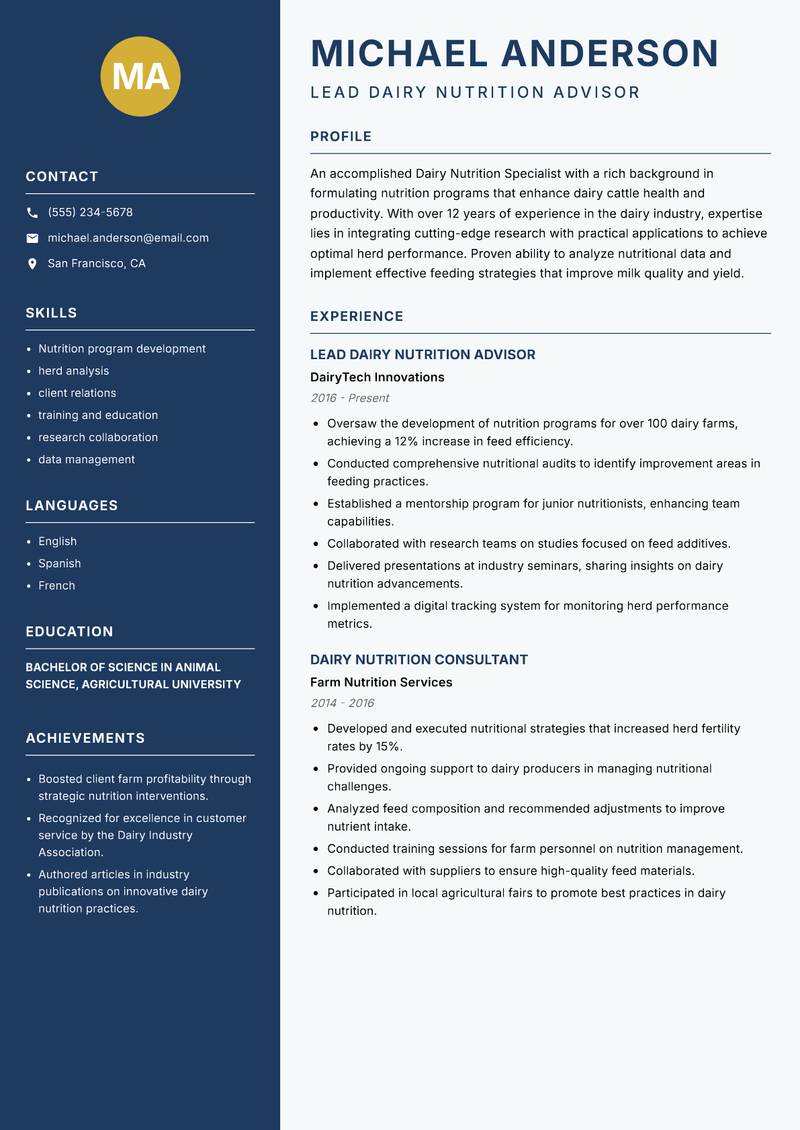 Dairy Nutrition Specialist Resume Preview Example