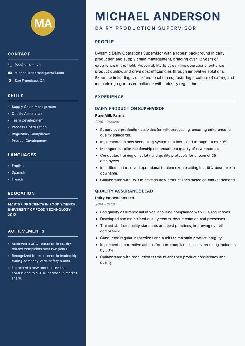 Dairy Operations Supervisor Resume Preview Example