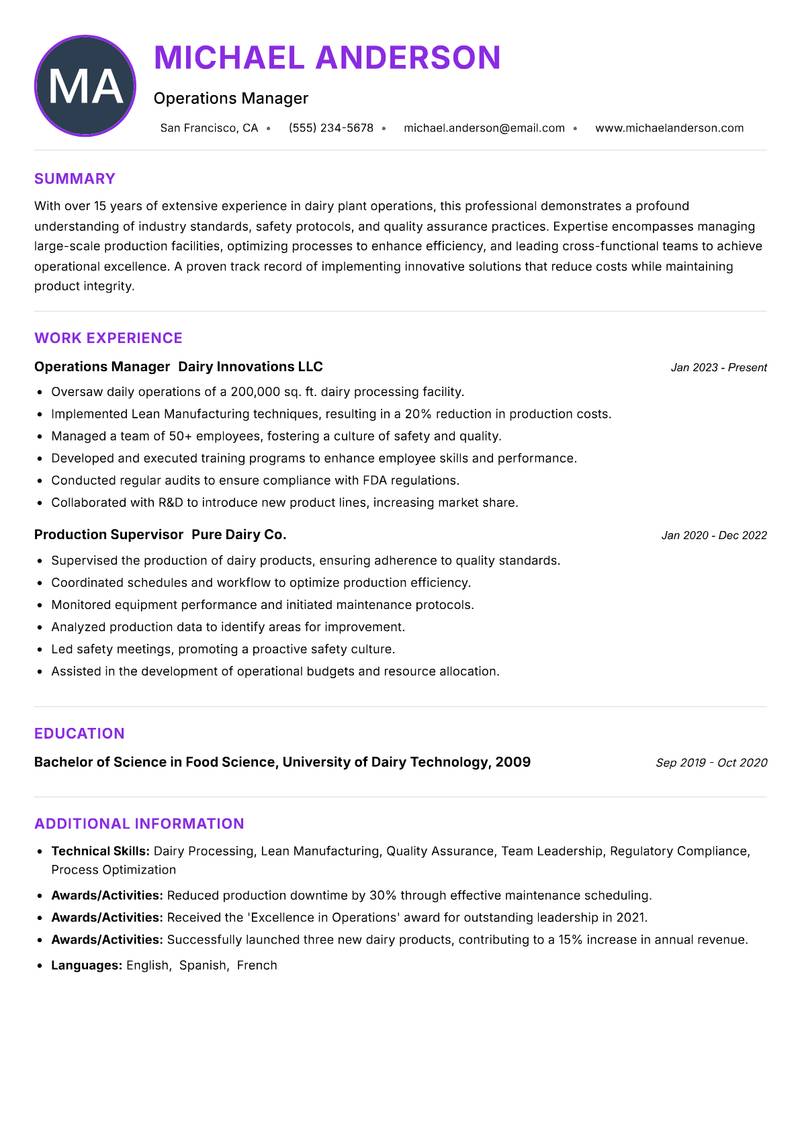 Dairy Plant Operations Specialist Resume Preview Example