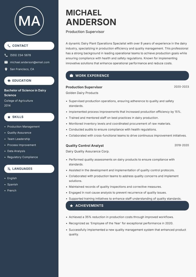 Dairy Plant Operations Specialist Resume Preview Example