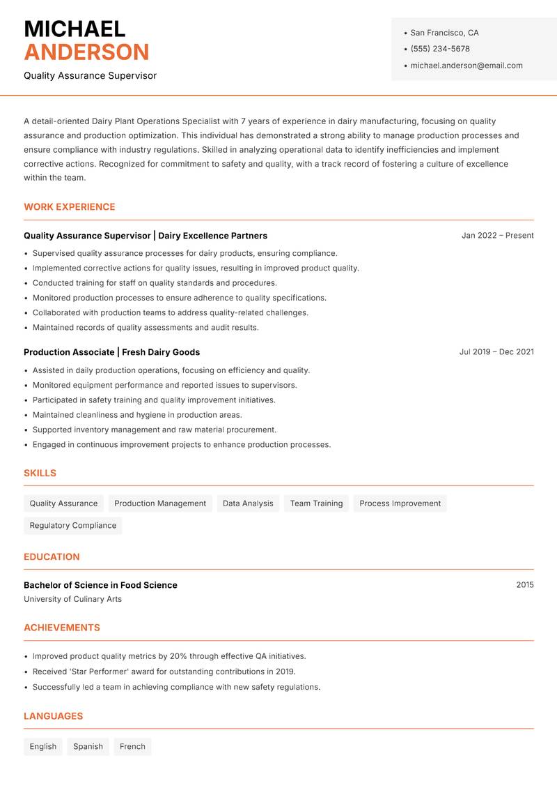 Dairy Plant Operations Specialist Resume Template