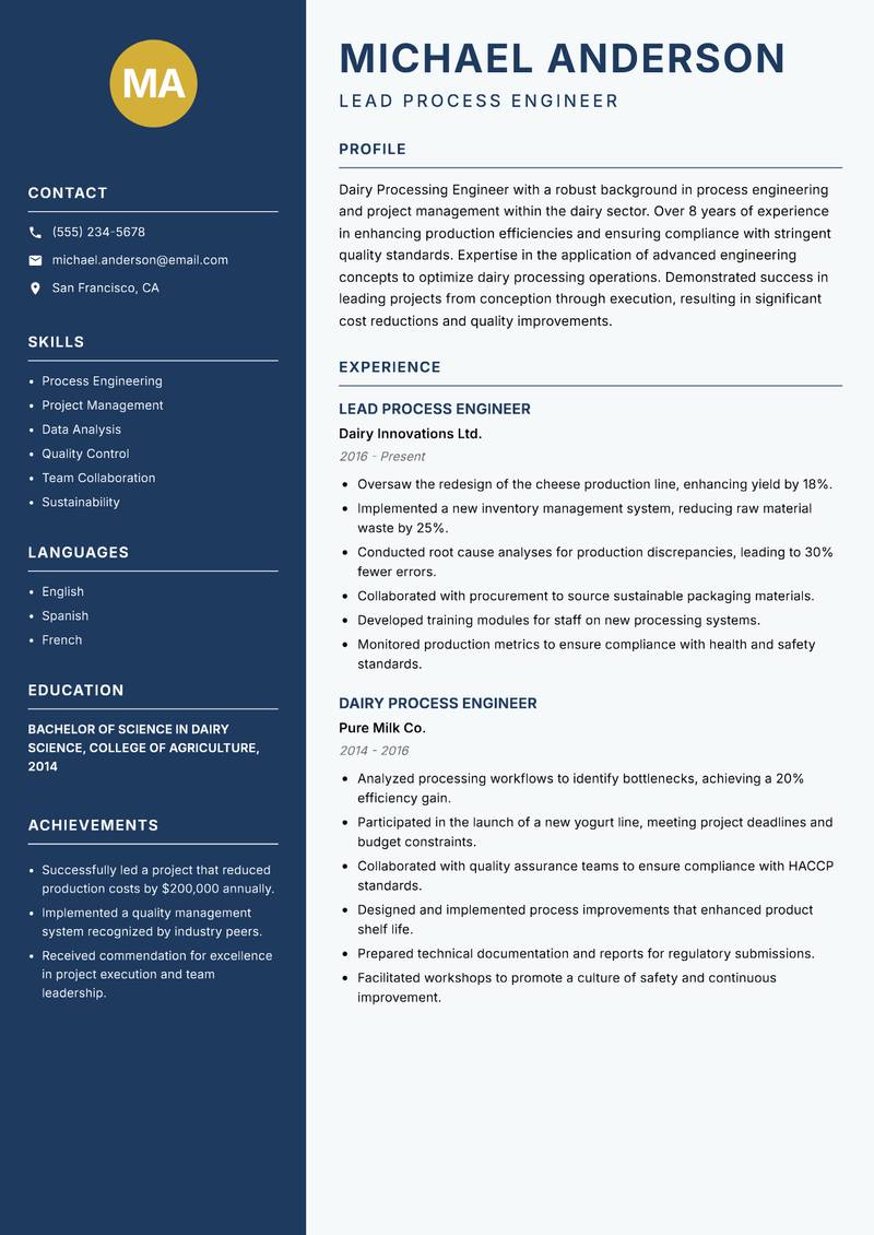 Dairy Processing Engineer Resume Preview Example