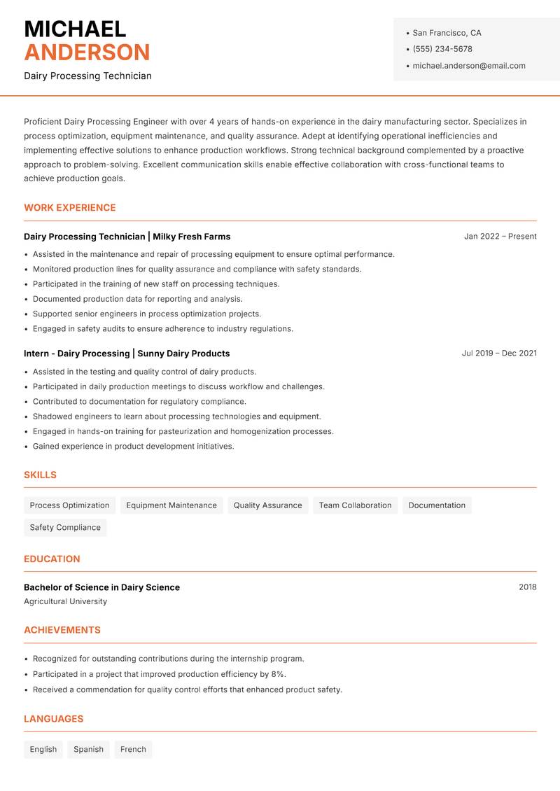 Dairy Processing Engineer Resume Template