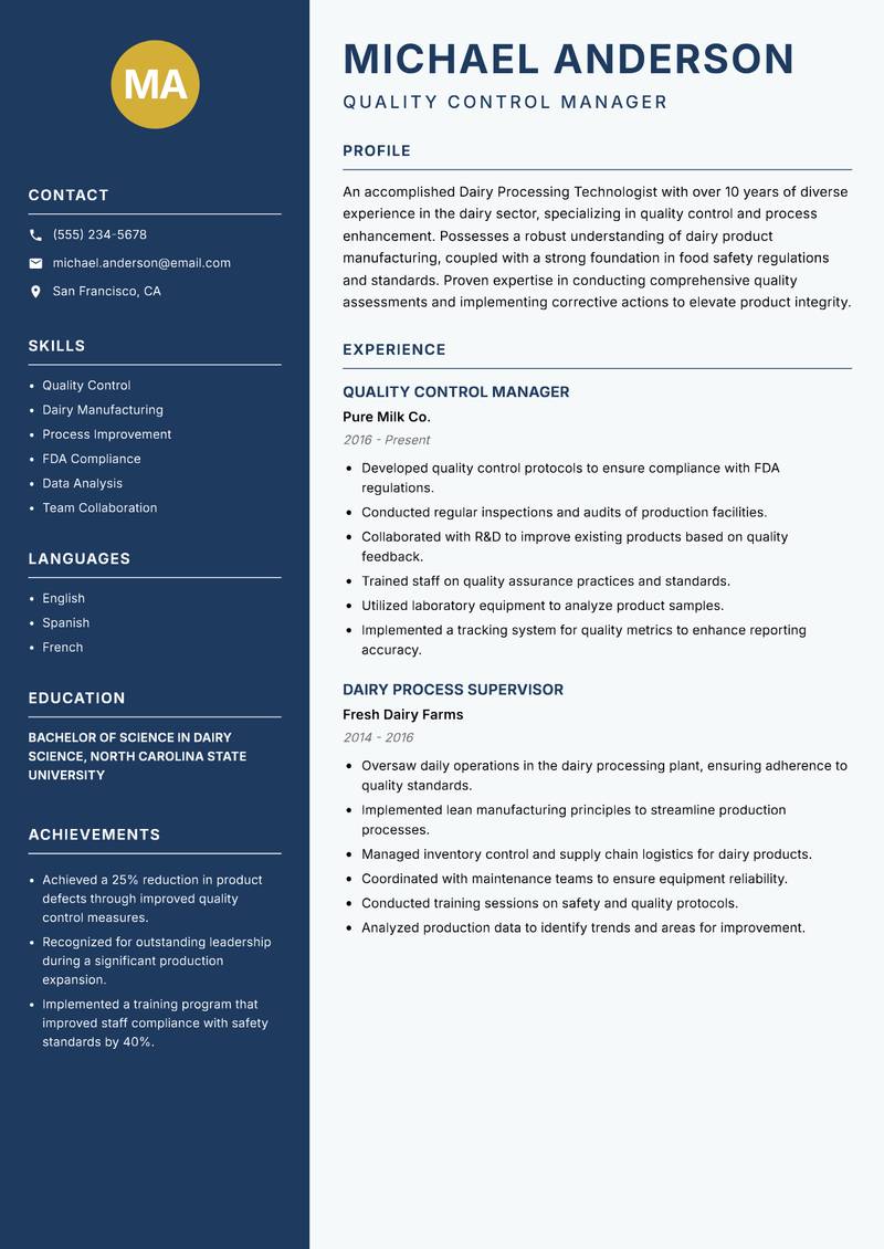 Dairy Processing Technologist Resume Preview Example