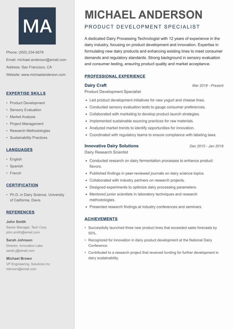 Dairy Processing Technologist Resume Preview Example