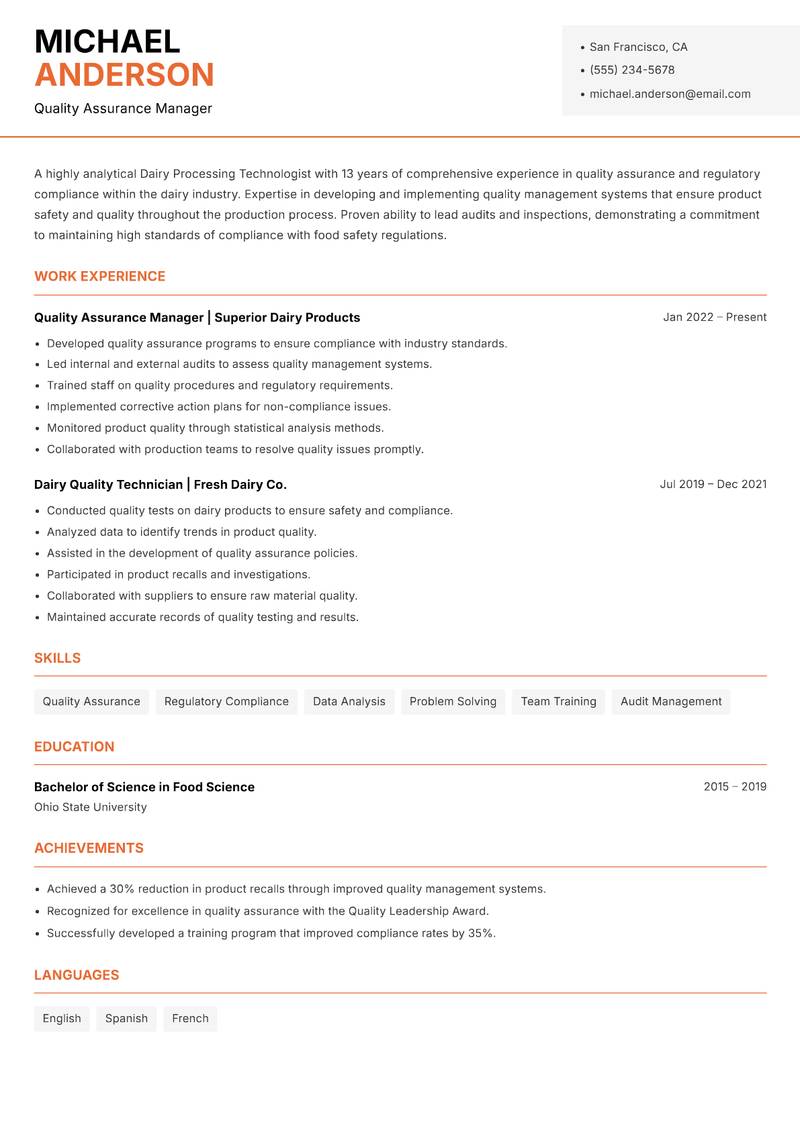 Dairy Processing Technologist Resume Template