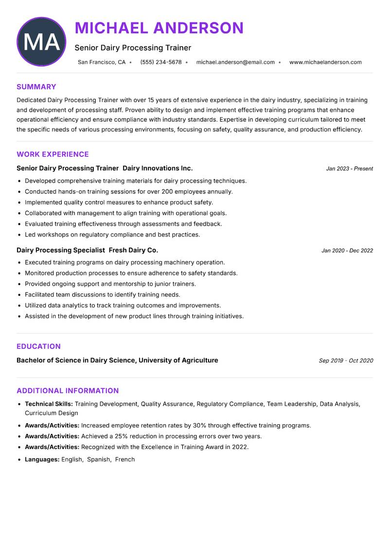 Dairy Processing Trainer Resume Preview Example
