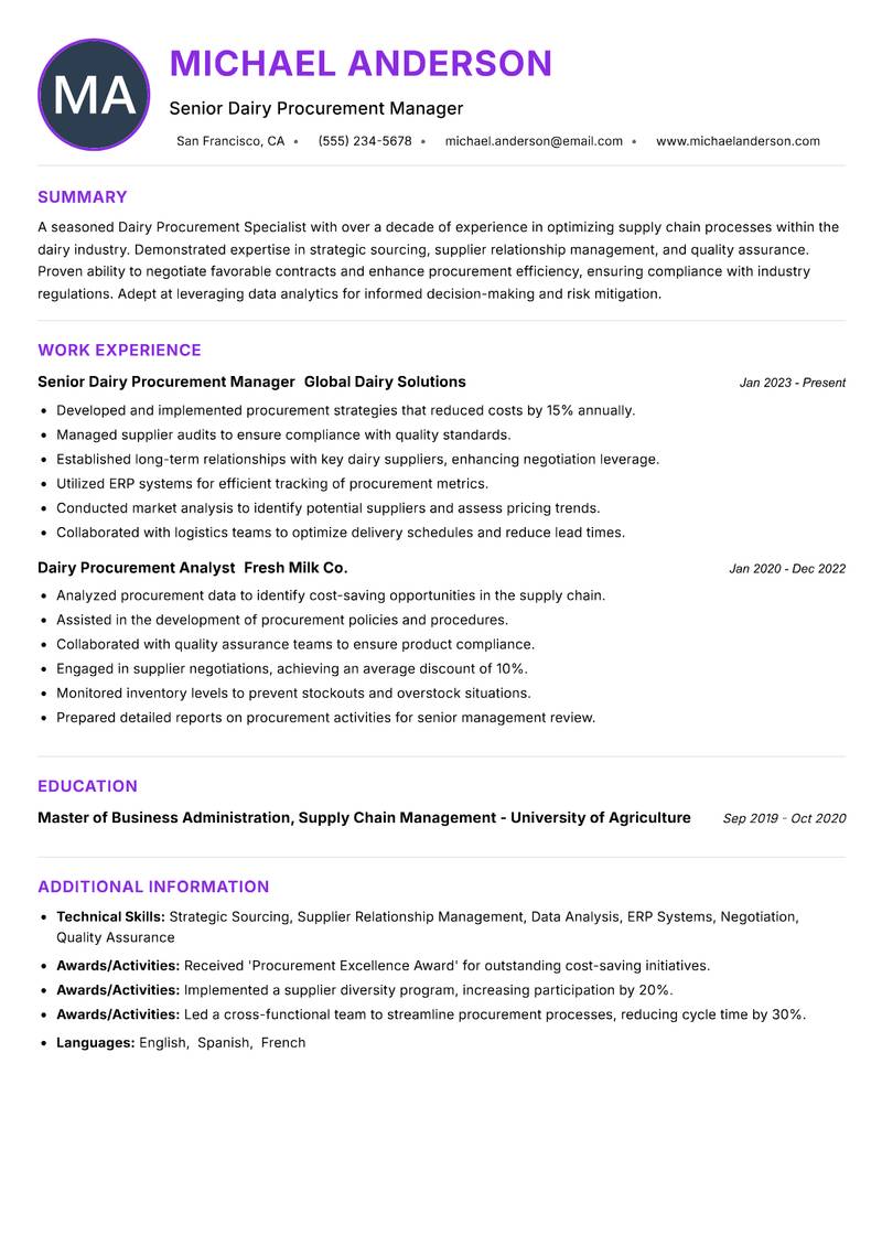 Dairy Procurement Specialist Resume Preview Example