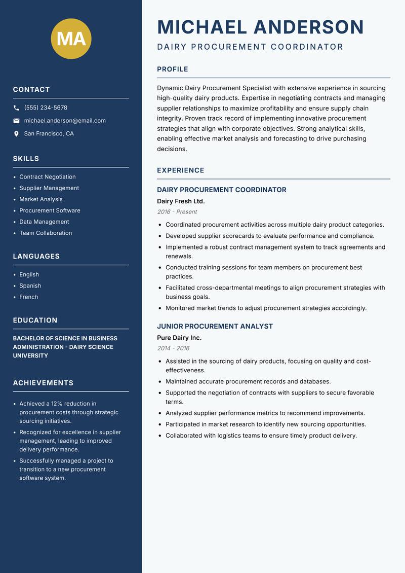 Dairy Procurement Specialist Resume Preview Example