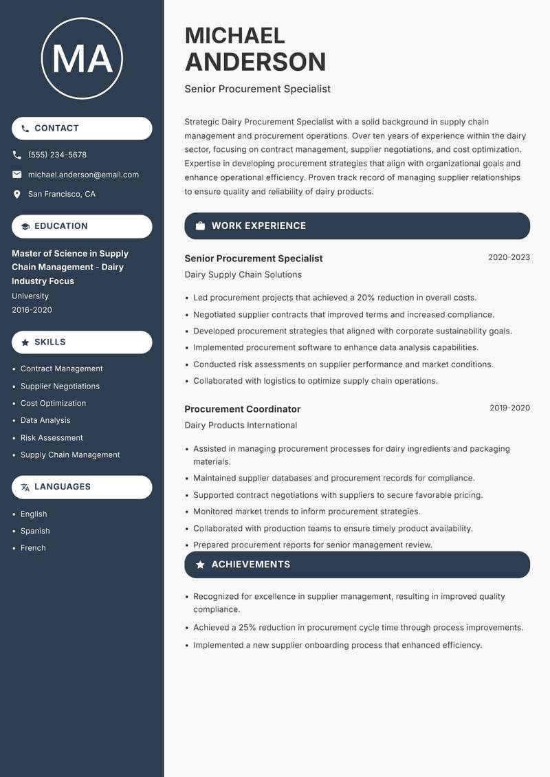 Dairy Procurement Specialist Resume Preview Example