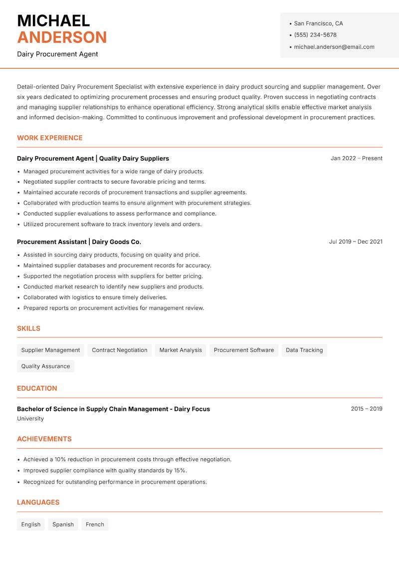 Dairy Procurement Specialist Resume Template