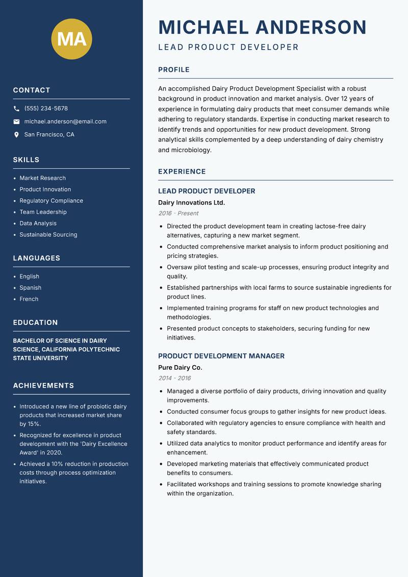 Dairy Product Development Specialist Resume Preview Example