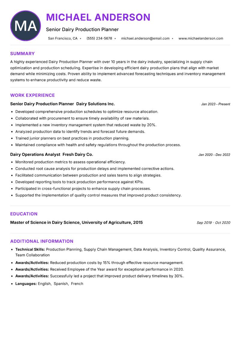 Dairy Production Planner Resume Preview Example