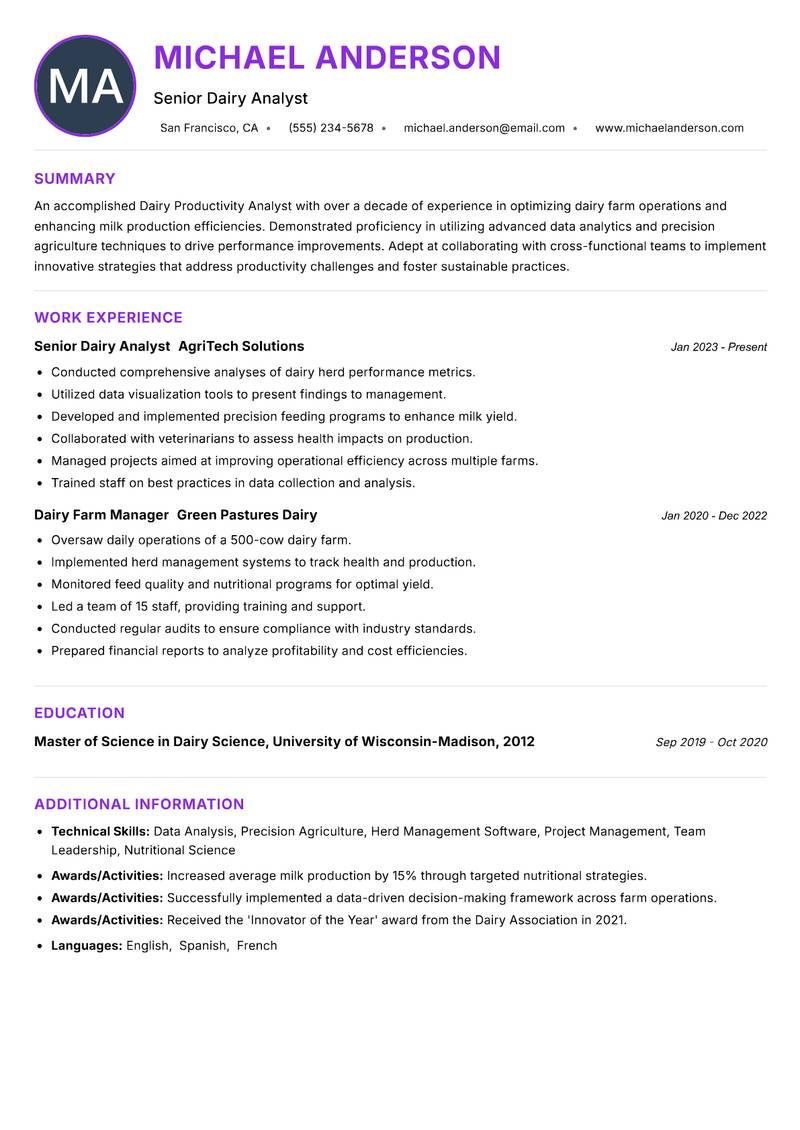 Dairy Productivity Analyst Resume Preview Example