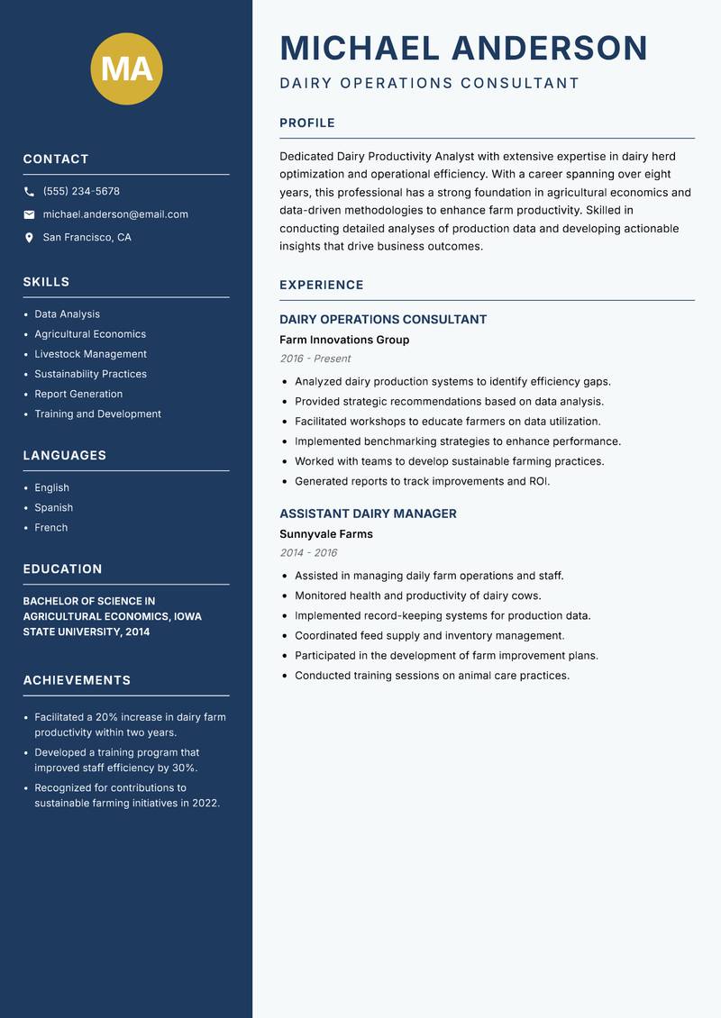 Dairy Productivity Analyst Resume Preview Example
