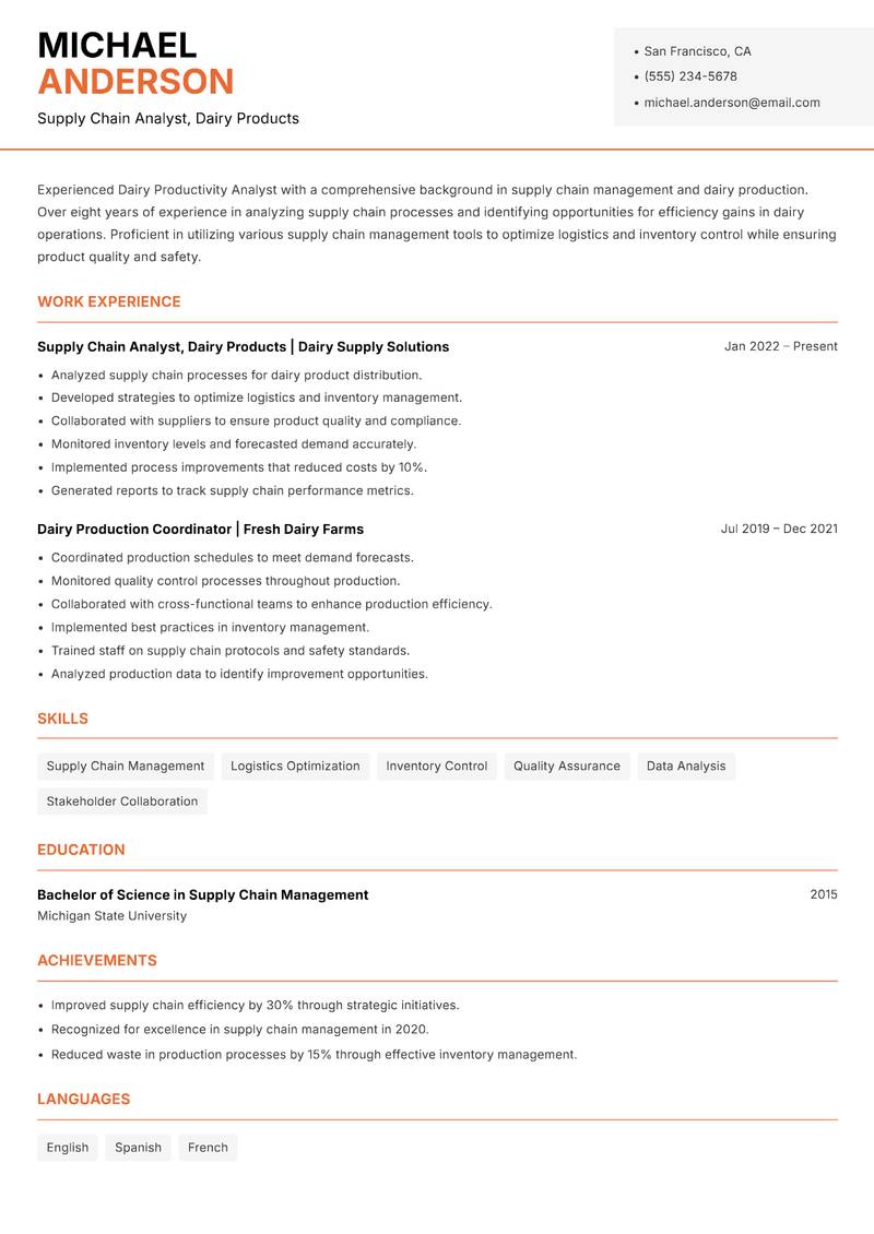 Dairy Productivity Analyst Resume Template