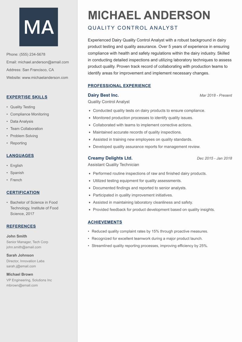 Dairy Quality Control Analyst Resume Preview Example