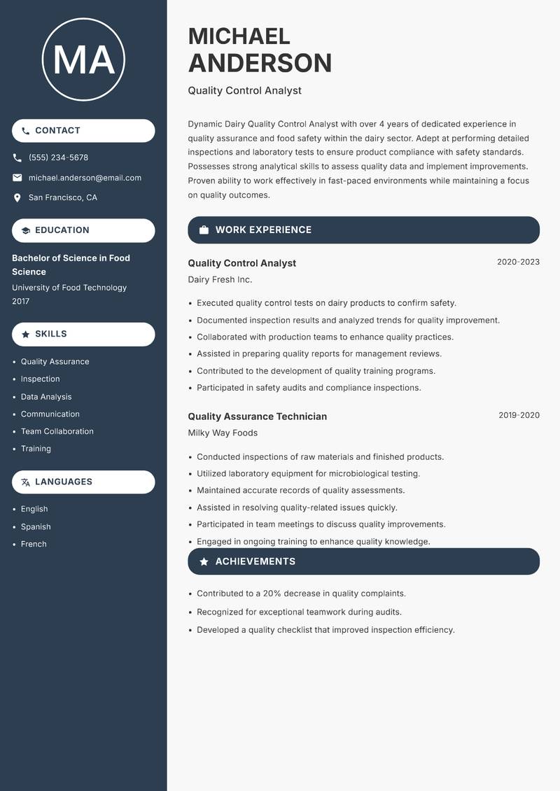 Dairy Quality Control Analyst Resume Preview Example