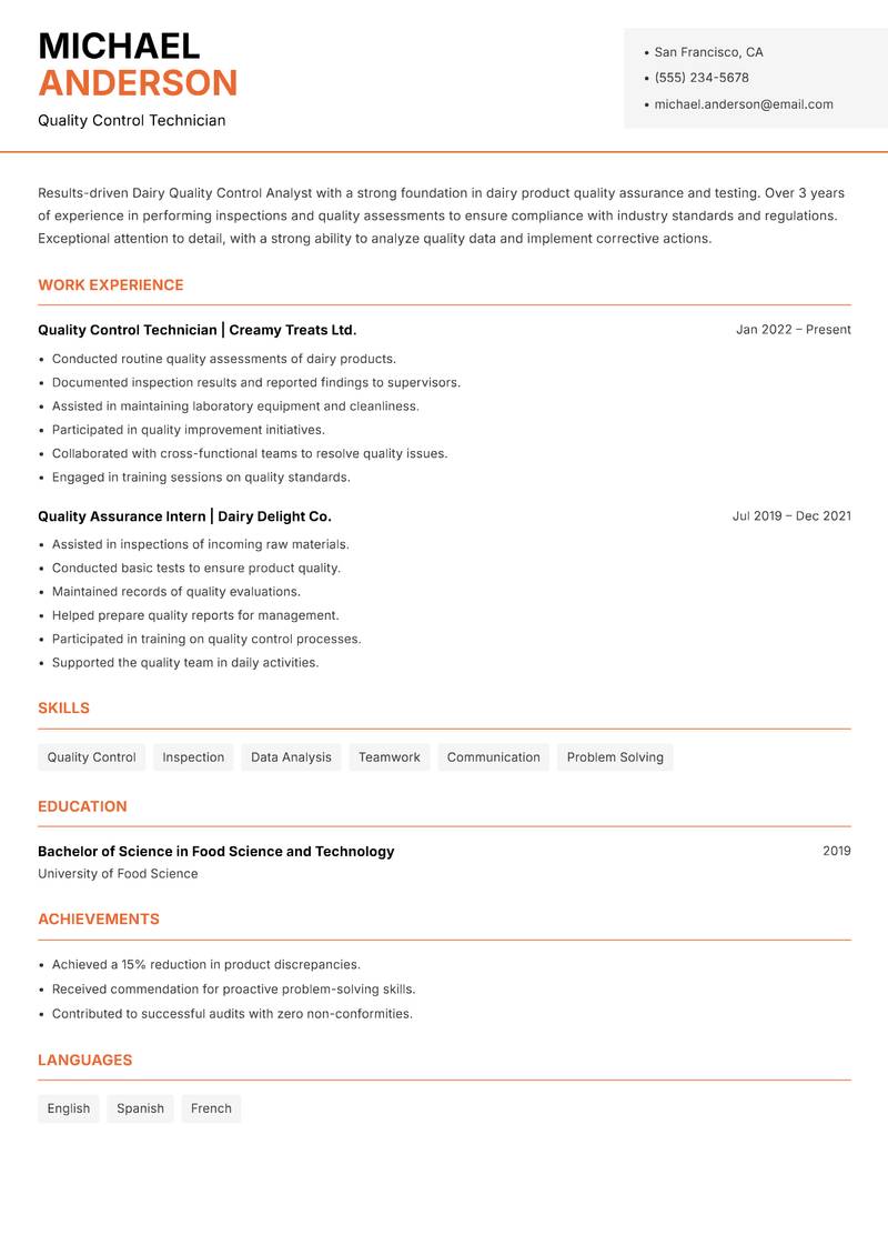 Dairy Quality Control Analyst Resume Template