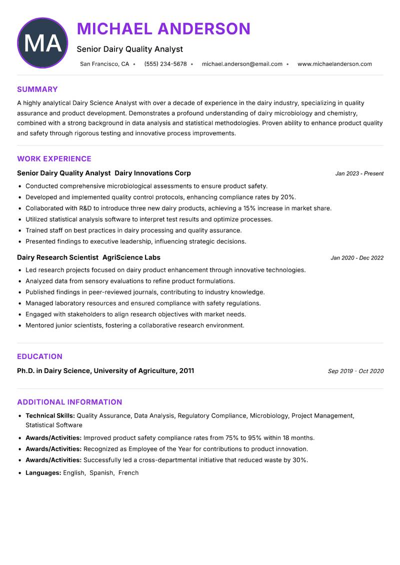Dairy Science Analyst Resume Preview Example