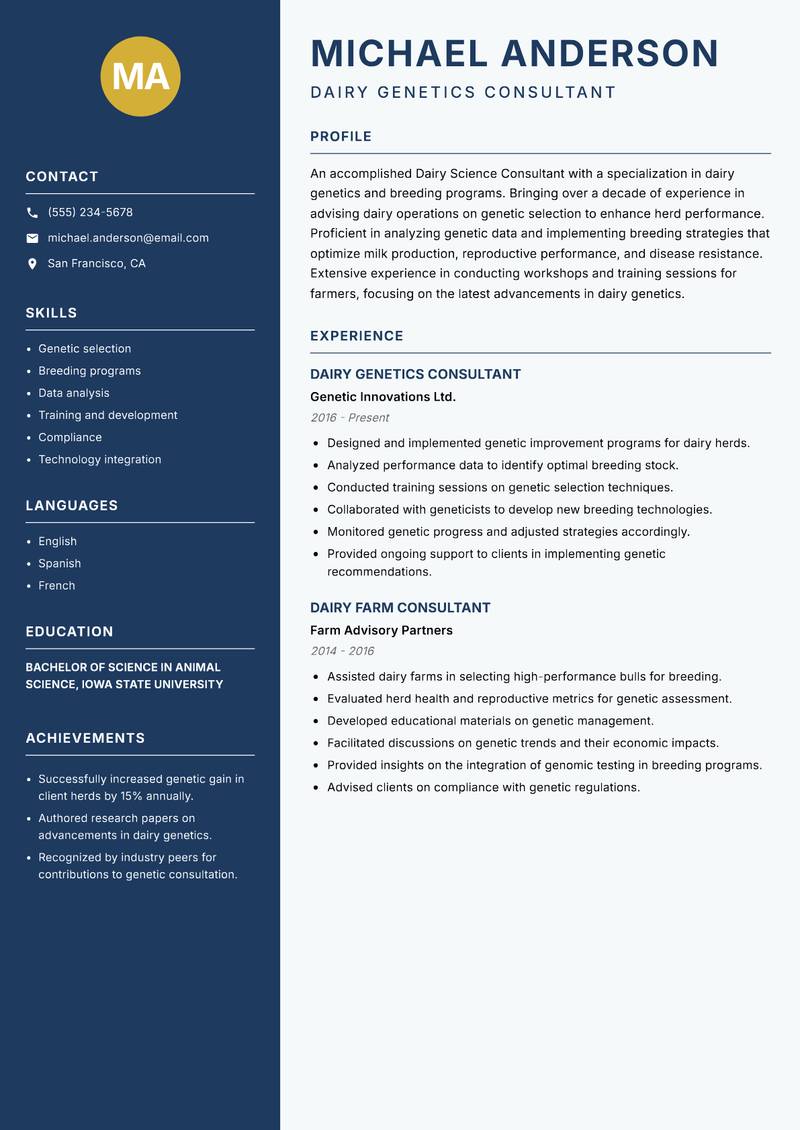 Dairy Science Consultant Resume Preview Example