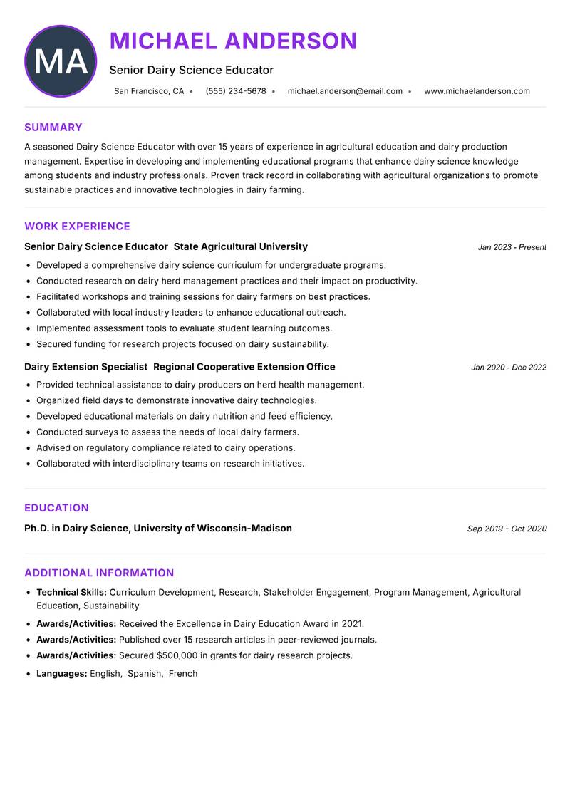 Dairy Science Educator Resume Preview Example