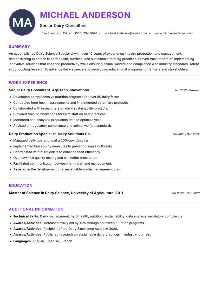 Dairy Science Specialist Resume Preview Example