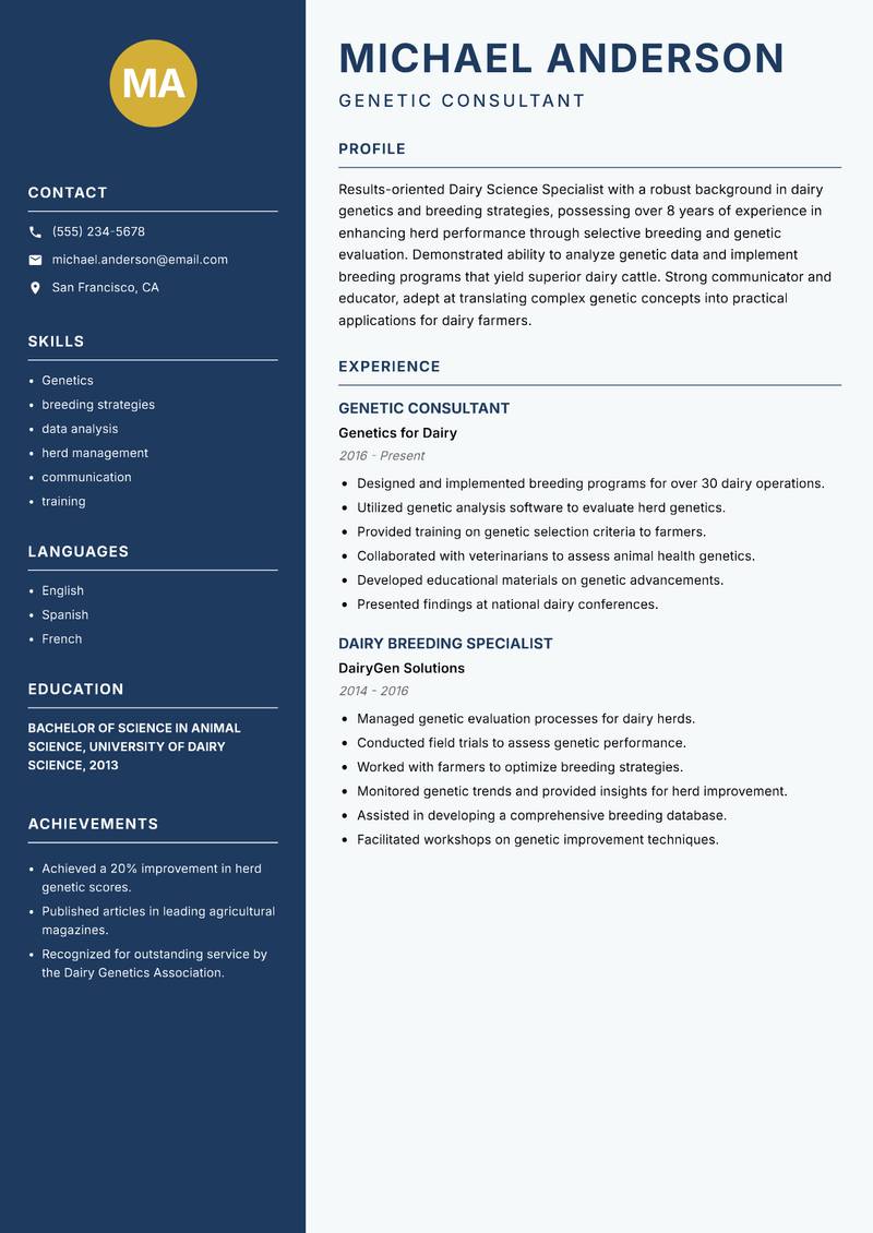 Dairy Science Specialist Resume Preview Example