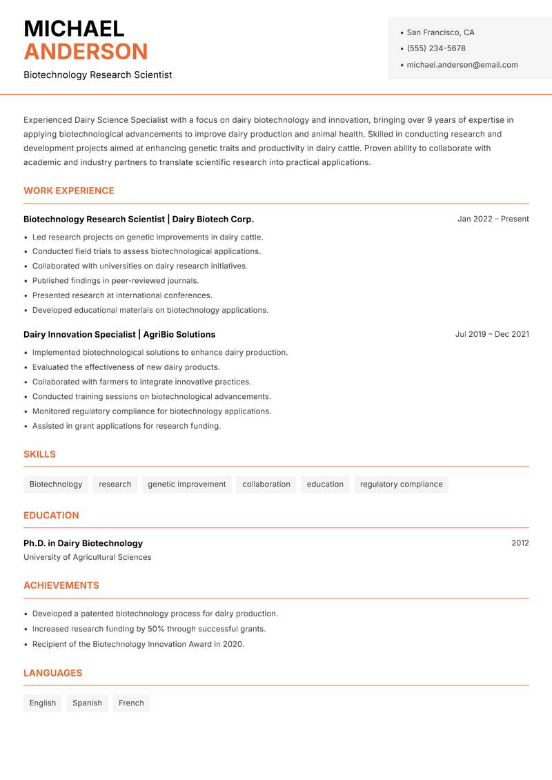 Dairy Science Specialist Resume Template