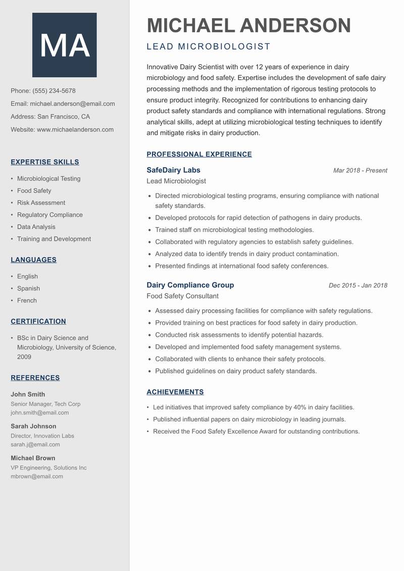 Dairy Scientist Resume Preview Example
