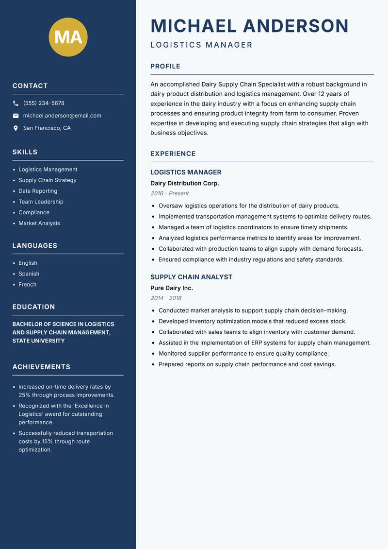 Dairy Supply Chain Specialist Resume Preview Example