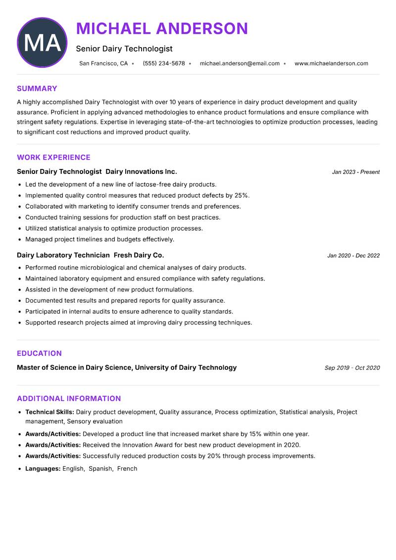 Dairy Technologist Resume Preview Example