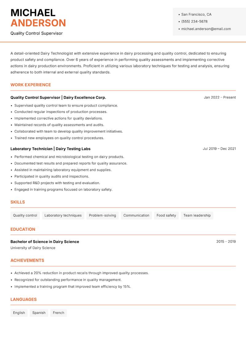 Dairy Technologist Resume Template