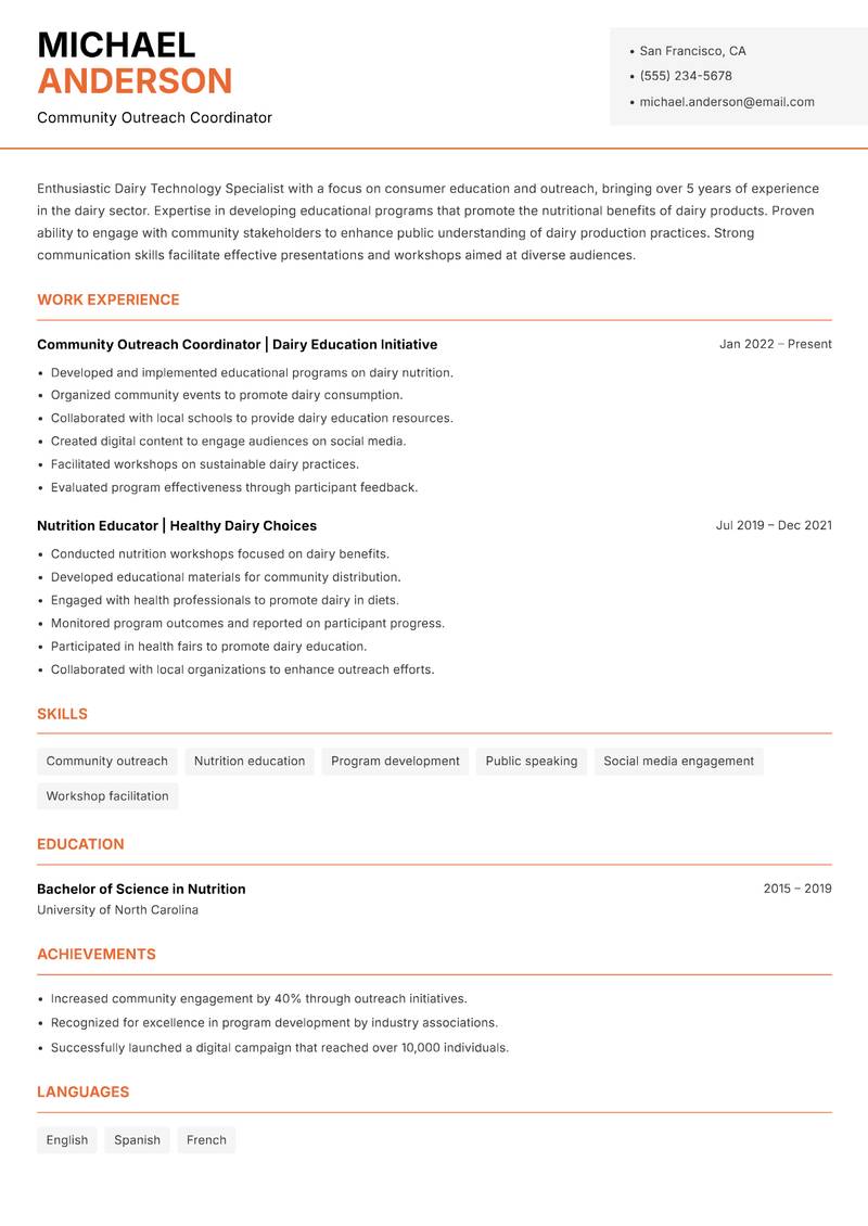 Dairy Technology Specialist Resume Template