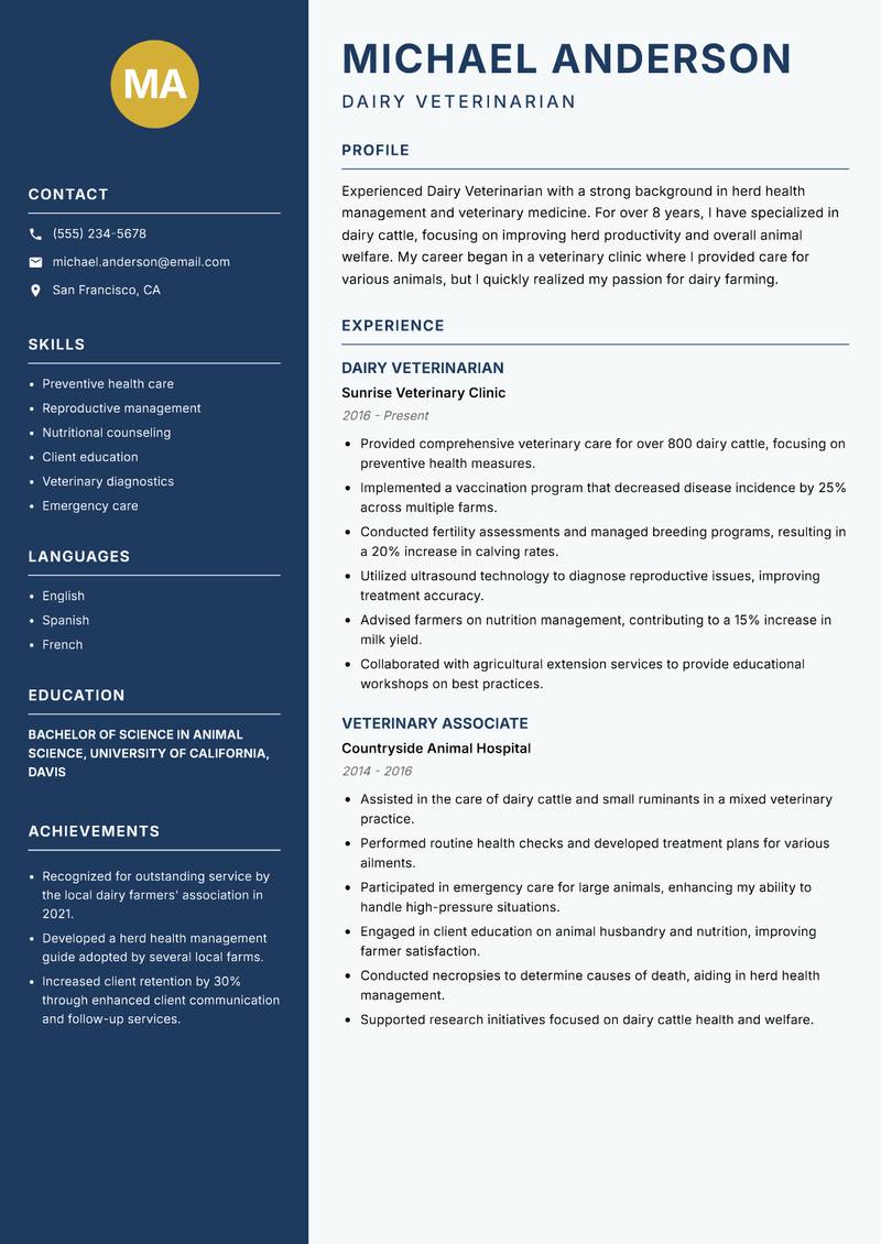 Dairy Veterinarian Resume Preview Example