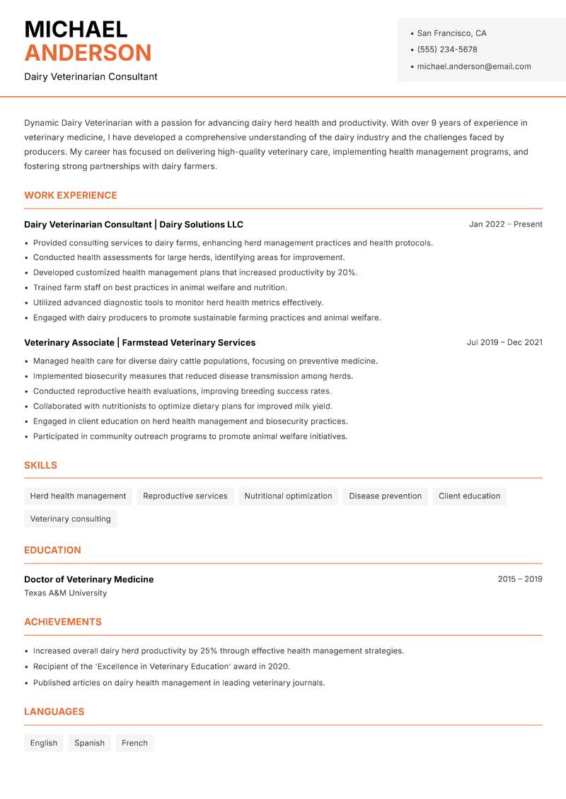 Dairy Veterinarian Resume Template