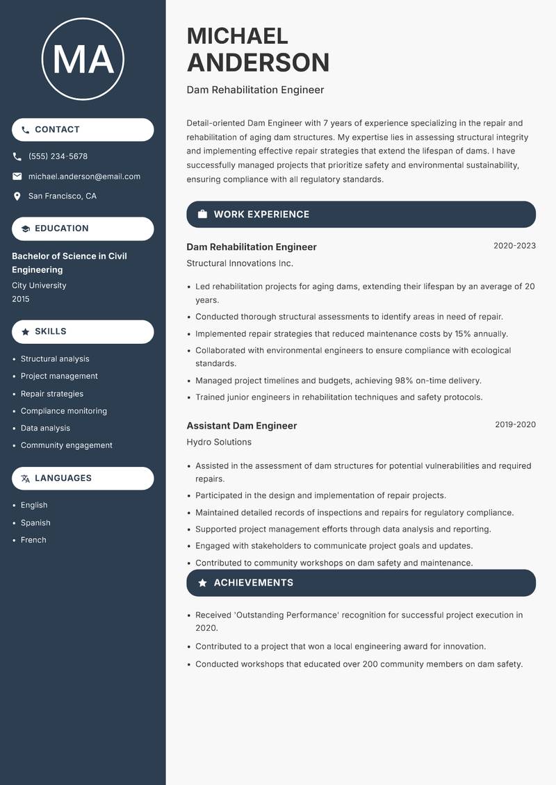 Dam Engineer Resume Preview Example