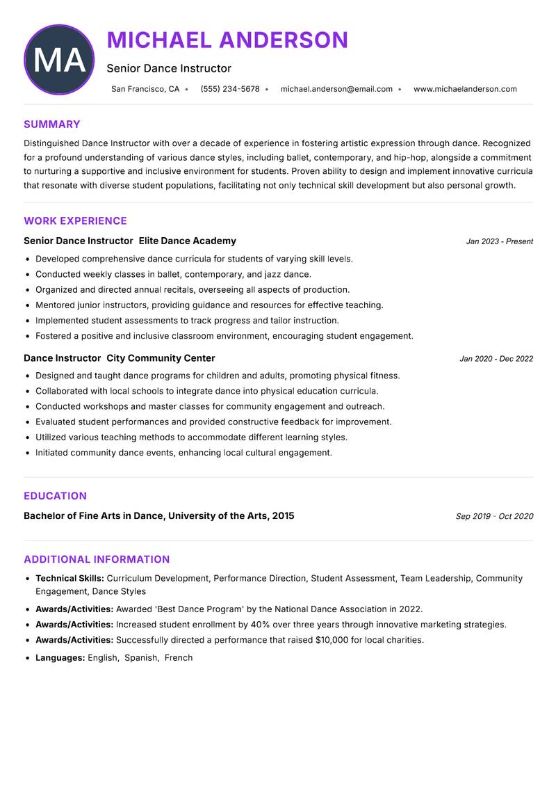Dance Instructor Resume Preview Example