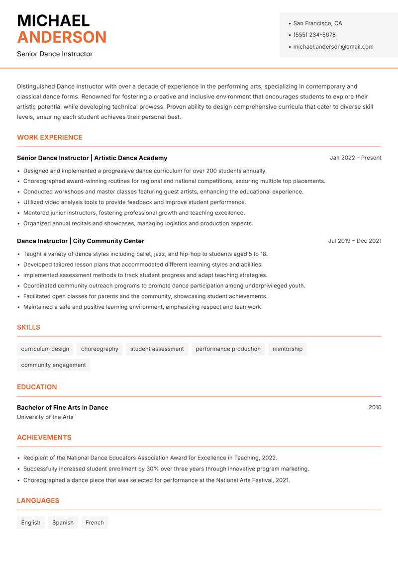 Dance Instructor Resume Template