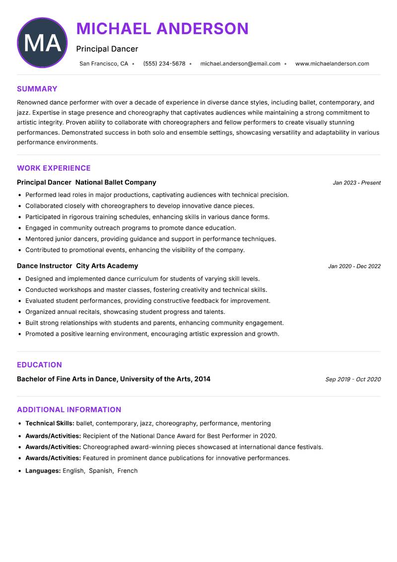 Dance Performer Resume Preview Example