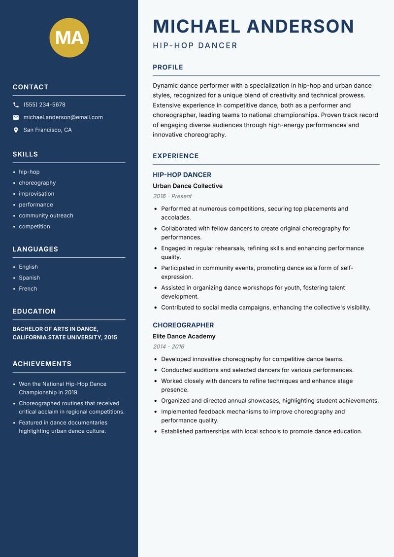 Dance Performer Resume Preview Example