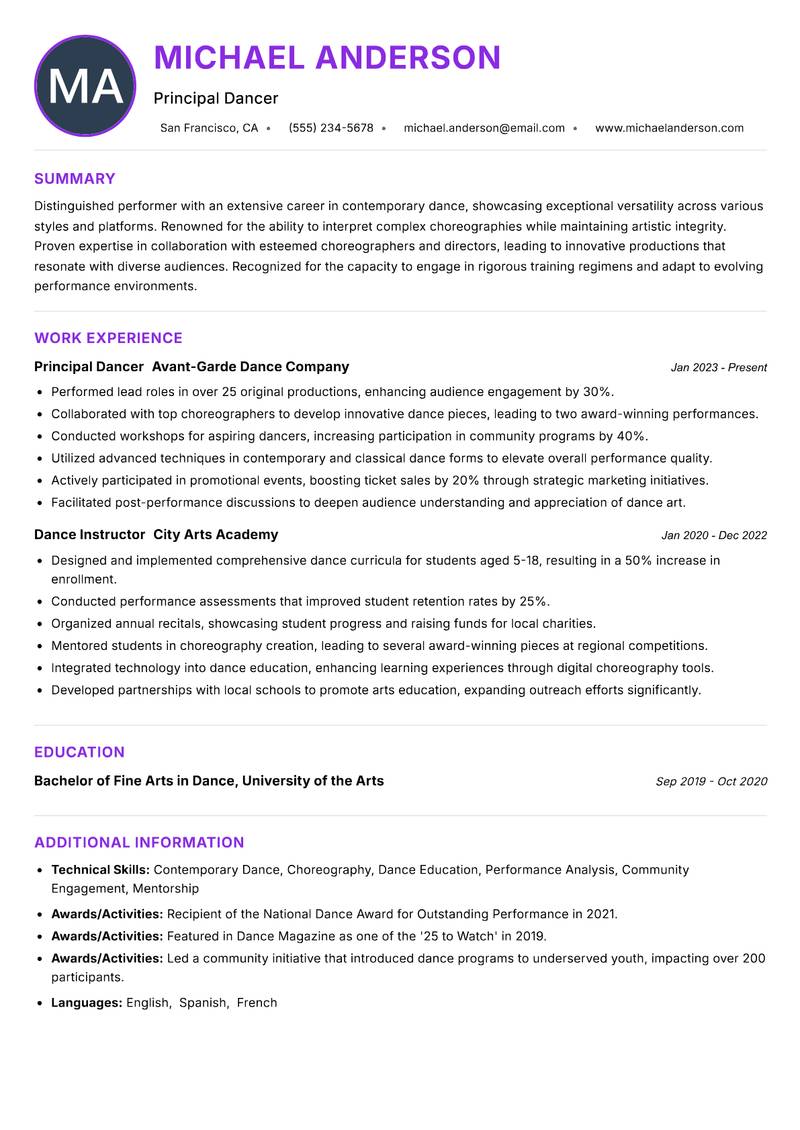 Dancer Resume Preview Example